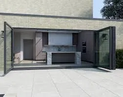 Wide glazed bifold doorset set into a rendered exterior wall