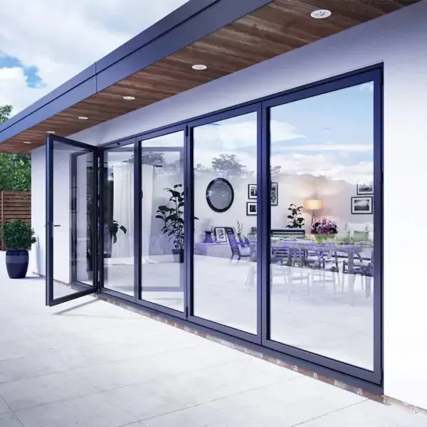 Dark-framed exterior bifold doors with one panel open beneath a timber-lined overhang